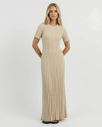 Celeste Maxi Dress by Lauven showcased in a refined ribbed knit fabric, featuring a comfortable ankle-length silhouette.