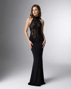 Celeste Maxi Dress by Lauven, black halter neck maxi dress with lace bodice and sleek silhouette.