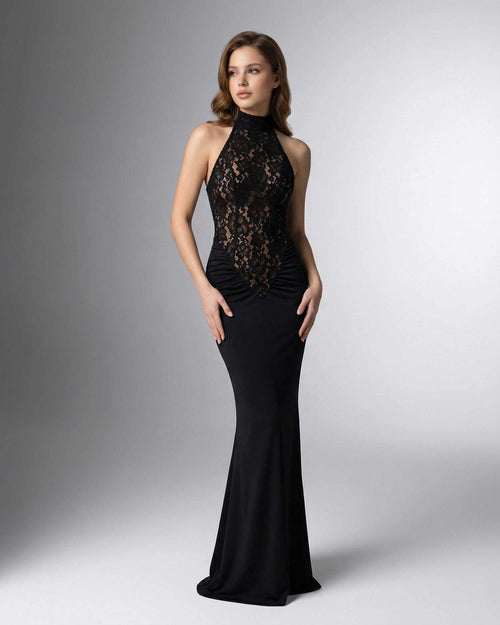 Celeste Maxi Dress by Lauven, black halter neck maxi dress with lace bodice and sleek silhouette.