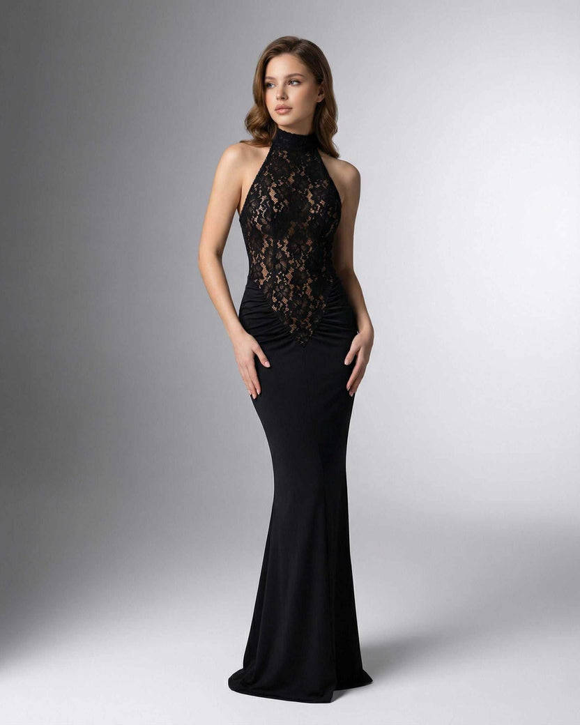 Celeste Maxi Dress by Lauven, black halter neck maxi dress with lace bodice and sleek silhouette.