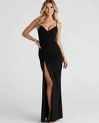 Celeste Maxi Dress by Lauven - Elegant black dress with high slit and V-neckline, perfect for evening wear.