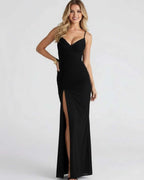Celeste Maxi Dress by Lauven, elegant black maxi dress with high slit and V-neckline, crafted from smooth polyester.