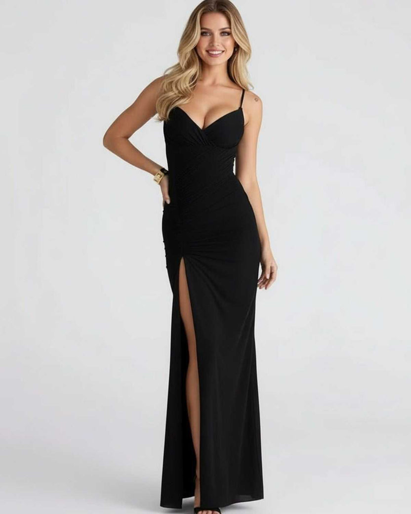 Celeste Maxi Dress by Lauven, elegant black maxi dress with high slit and V-neckline, crafted from smooth polyester.
