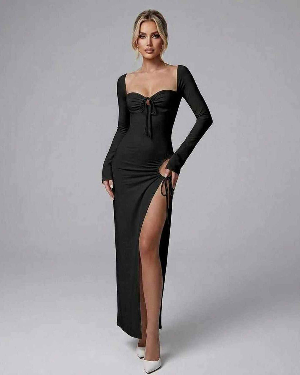 Celeste Maxi Dress by Lauven, elegant black long sleeve maxi dress with high slit and fitted silhouette.