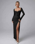 Celeste Maxi Dress by Lauven, elegant black long sleeve maxi dress with high slit and fitted silhouette.