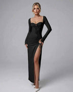 Celeste Maxi Dress by Lauven, elegant black long sleeve maxi dress with high slit and fitted silhouette.