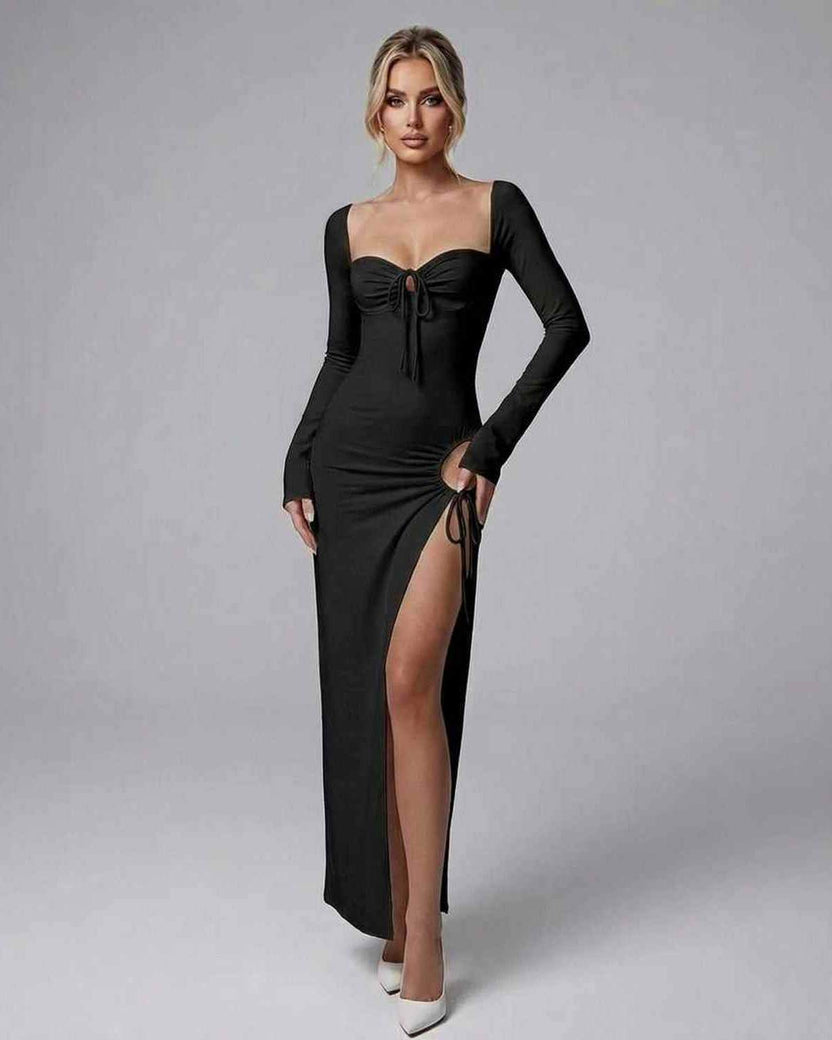 Celeste Maxi Dress by Lauven, elegant black long sleeve maxi dress with high slit and fitted silhouette.