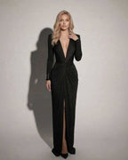 Celeste Maxi Dress by Lauven showcasing sleek ruched detailing and elegant v-neck in black color.