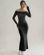 Celeste Maxi Dress in elegant black, featuring off-shoulder design and sleek silhouette, crafted by Lauven.
