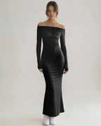 Celeste Maxi Dress featuring elegant off-shoulder design with a sleek black sheath silhouette by Lauven.