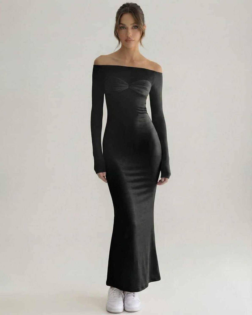 Celeste Maxi Dress featuring elegant off-shoulder design with a sleek black sheath silhouette by Lauven.