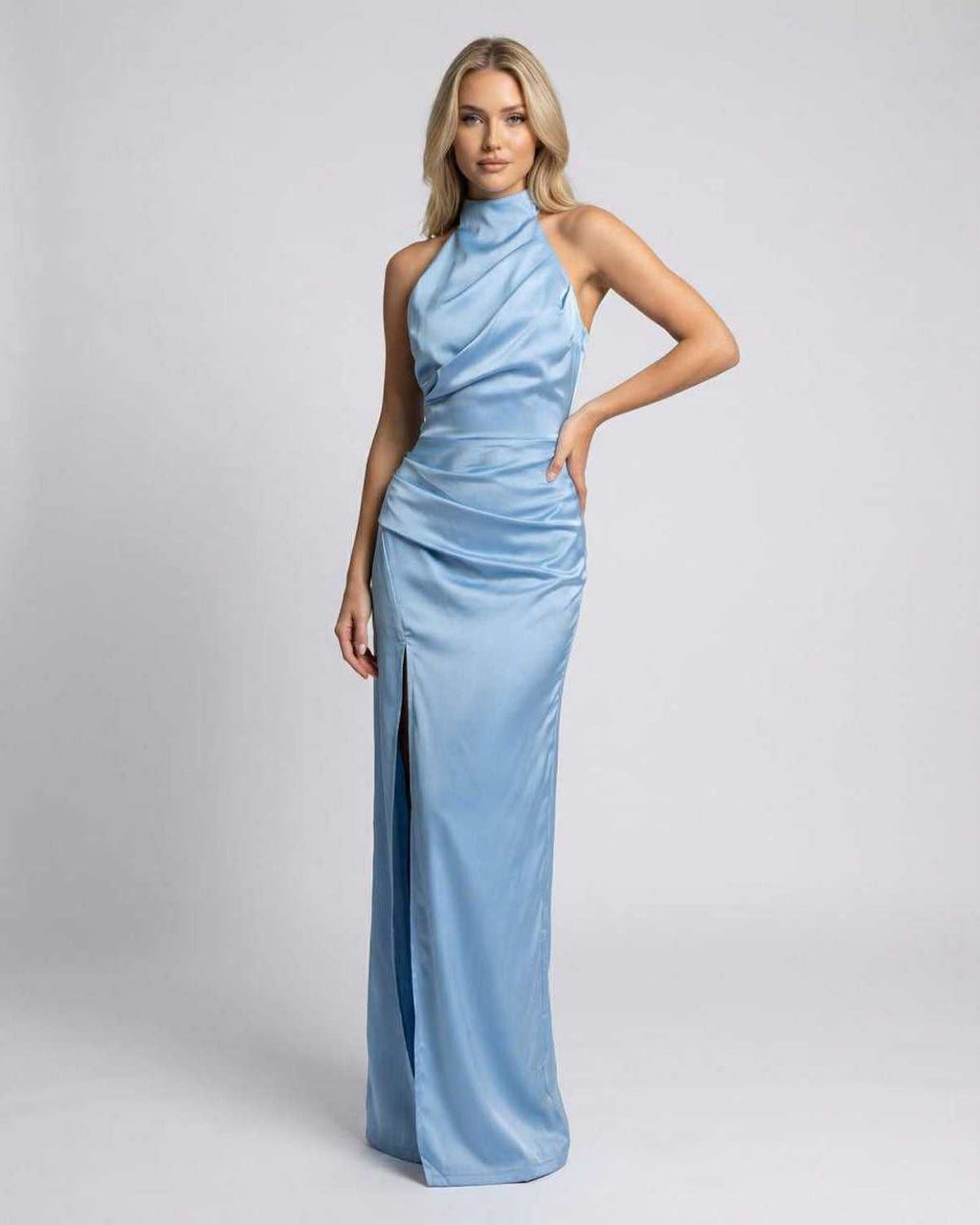 Celeste Maxi Dress in blue satin with halter neck, high slit, elegant design by Lauven, perfect for special occasions.