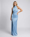 Celeste Maxi Dress in blue satin with halter neck, high slit, elegant design by Lauven, perfect for special occasions.