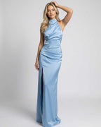 Celeste Maxi Dress - Blue Satin Maxi Dress with Halter Neck and High Slit by Lauven, reflecting elegance and fluid silhouette.
