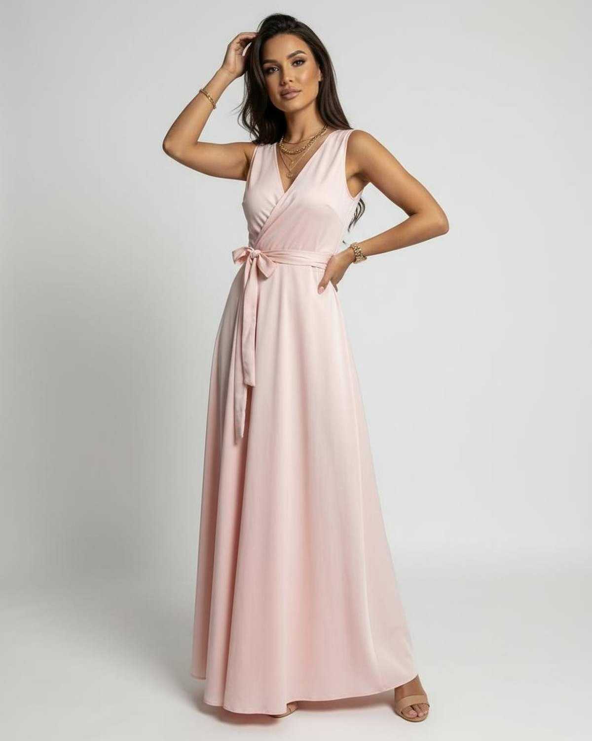 Celeste Maxi Dress by Lauven, featuring soft blush pink fabric and timeless V-neck silhouette for elegant style.
