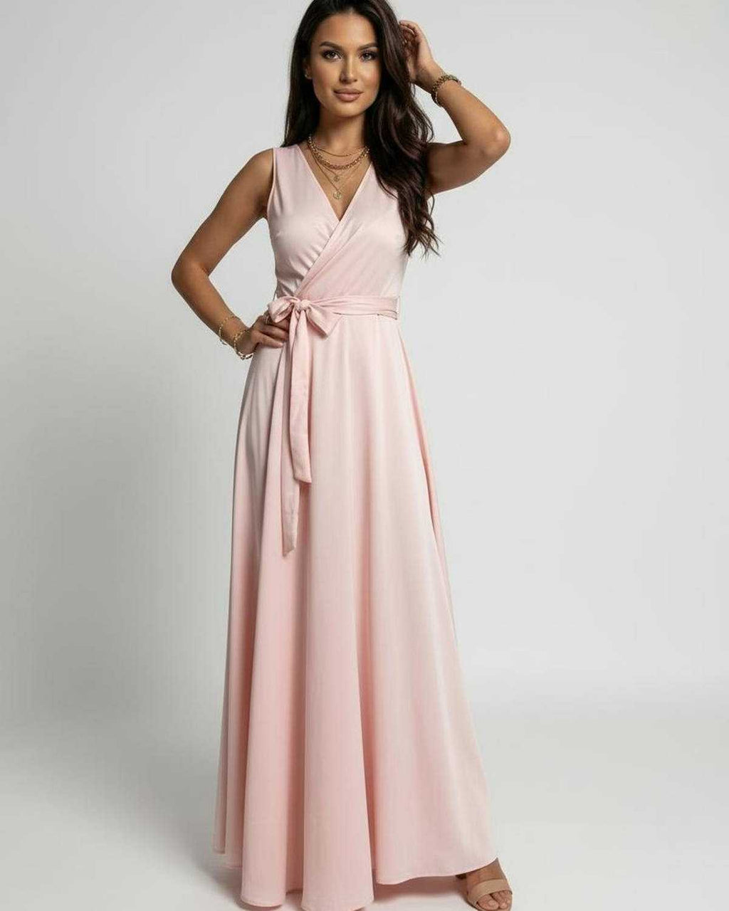 Celeste Maxi Dress by Lauven in blush pink featuring a soft, flowing fabric and timeless V-neck silhouette.
