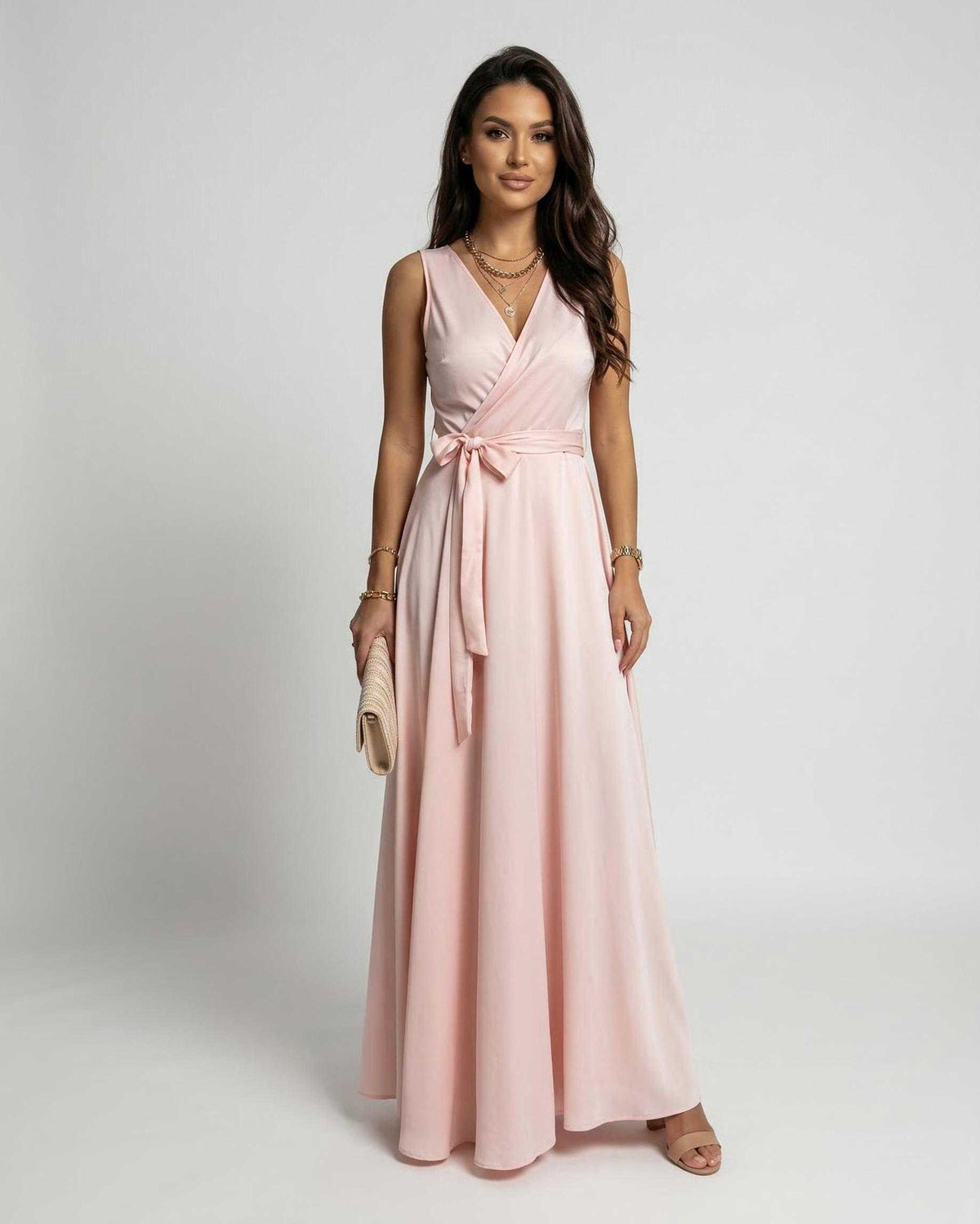 Celeste Maxi Dress by Lauven, featuring a blush pink flowing silhouette and V-neck design for timeless elegance.