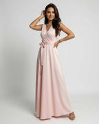 Celeste Maxi Dress by Lauven in soft blush pink with V-neck and flowing silhouette, perfect for elegance and comfort.