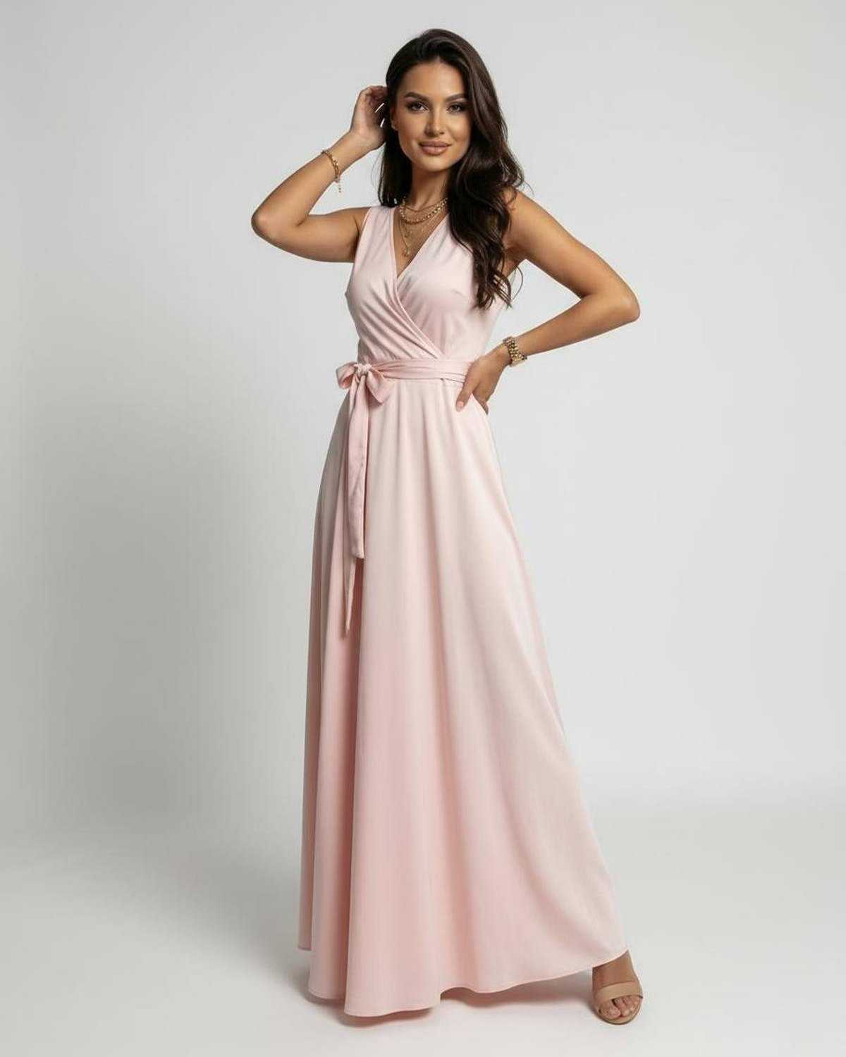 Celeste Maxi Dress by Lauven in soft blush pink with V-neck and flowing silhouette, perfect for elegance and comfort.