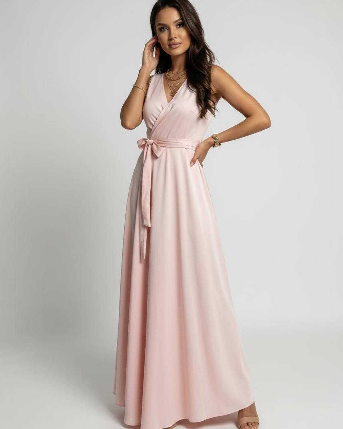 Celeste Maxi Dress by Lauven in blush pink, featuring a V-neck and flowing silhouette for modern elegance.
