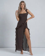 Celeste Maxi Dress by Lauven - Elegant brown sheer ruffle design with draped waistline and ruffled shoulder straps.