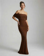 Celeste Maxi Dress by Lauven, sleek brown strapless sheath, perfect for elegant evening occasions.