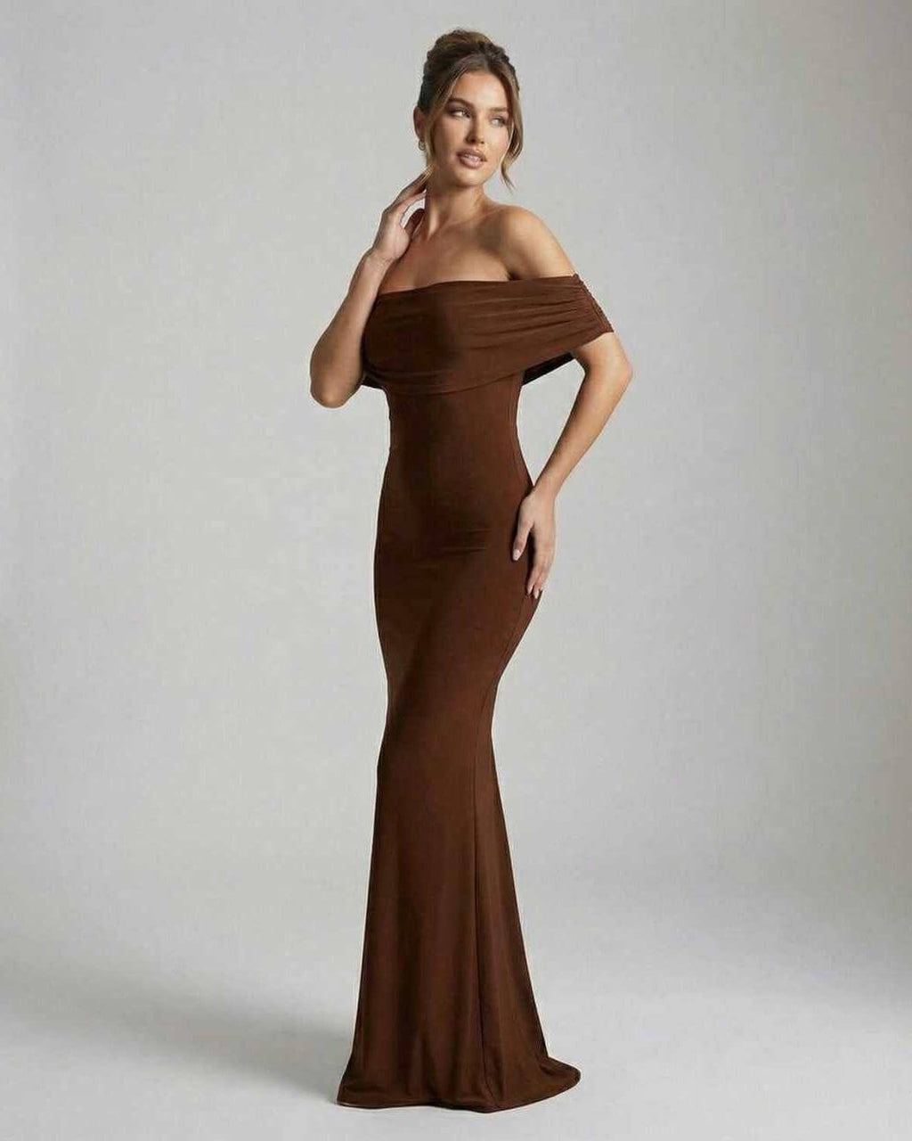 Celeste Maxi Dress by Lauven - Elegant brown strapless sheath dress showing smooth silhouette.