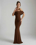 Celeste Maxi Dress by Lauven - Elegant brown strapless sheath dress showing smooth silhouette.