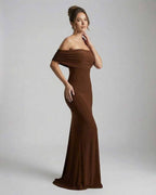 Celeste Maxi Dress by Lauven in a sleek brown strapless design, showcasing a smooth, figure-skimming silhouette.