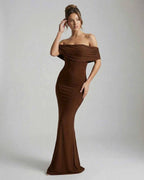 Celeste Maxi Dress by Lauven – Sleek brown strapless gown showcasing a smooth figure-hugging design.