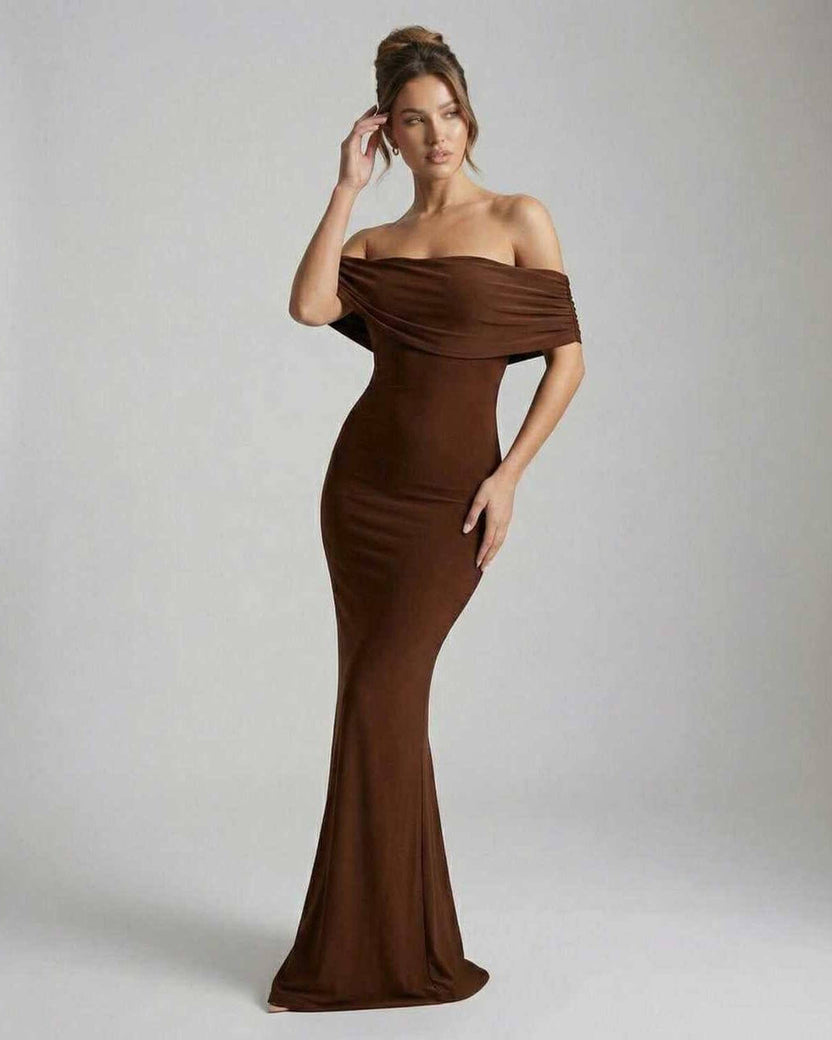 Celeste Maxi Dress by Lauven – Sleek brown strapless gown showcasing a smooth figure-hugging design.