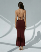 Celeste Maxi Dress back view, elegant burgundy bodycon with deep V-neck, adjustable waist by Lauven.