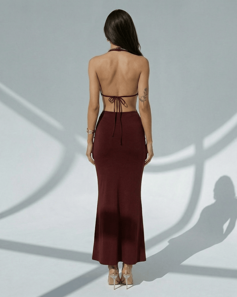 Celeste Maxi Dress back view, elegant burgundy bodycon with deep V-neck, adjustable waist by Lauven.