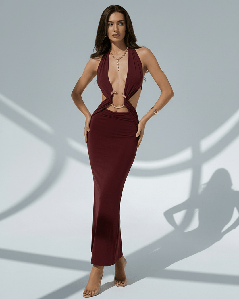 Celeste Maxi Dress featuring a bodycon fit, deep V-neckline, burgundy color, and designed by Lauven.
