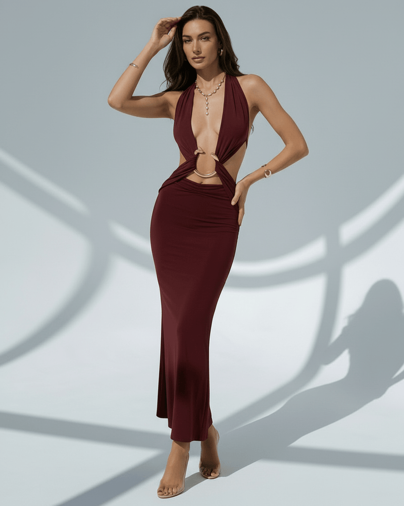Celeste Maxi Dress in burgundy, featuring deep V-neck and adjustable waist for a sleek fit by Lauven.