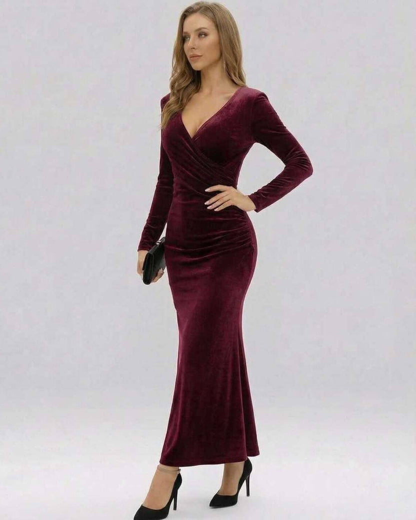 Celeste Maxi Dress by Lauven in luxurious burgundy velvet showcasing a slim-fit silhouette and elegant ankle-length design.
