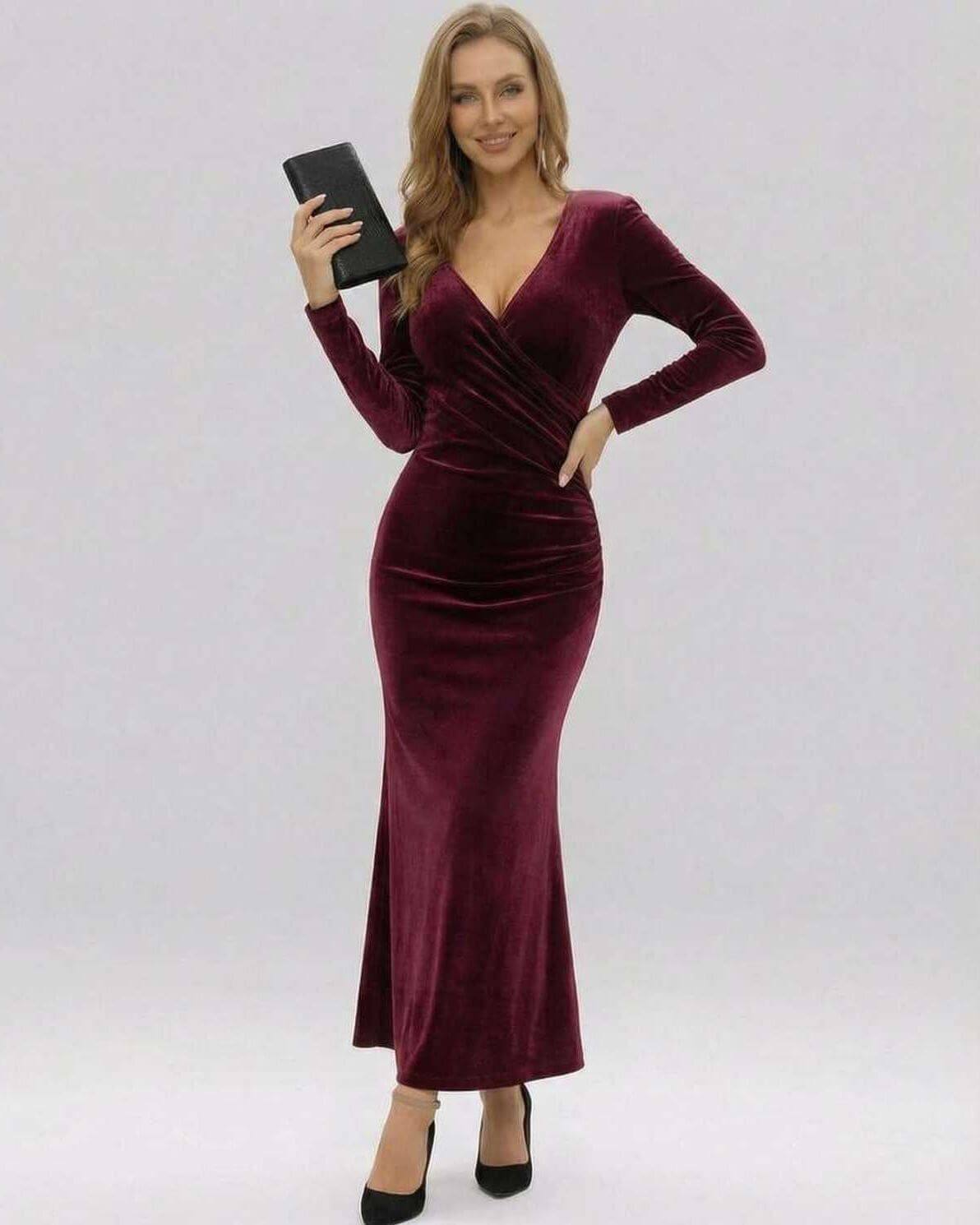 Celeste Maxi Dress by Lauven in luxurious burgundy velvet with long sleeves and a sleek silhouette.