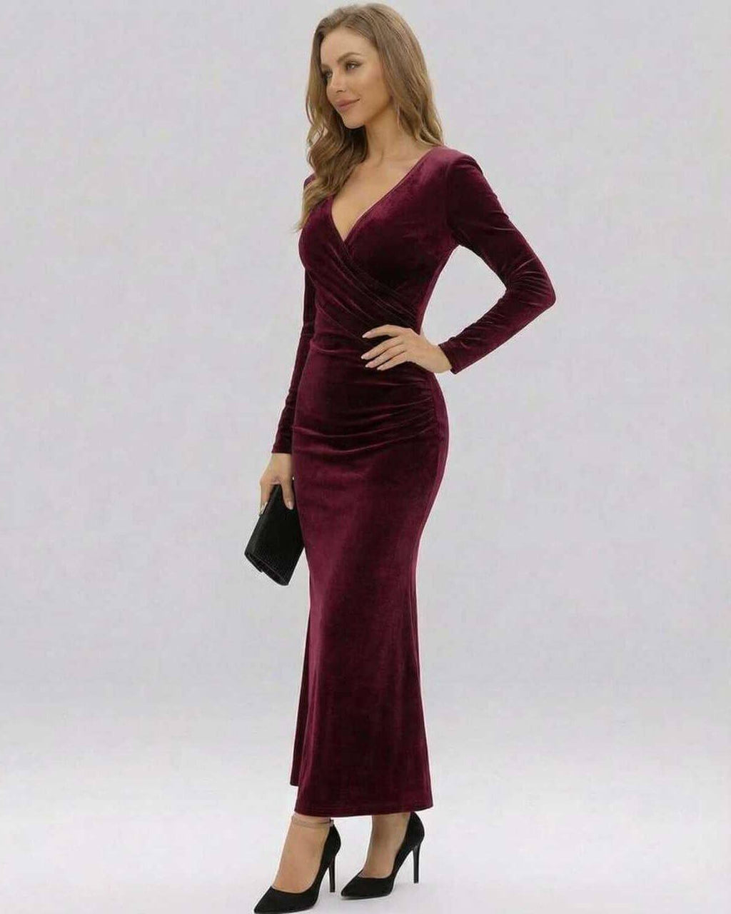 Lauven Celeste Maxi Dress in luxurious burgundy velvet, slim-fit sheath silhouette, ankle-length elegance.