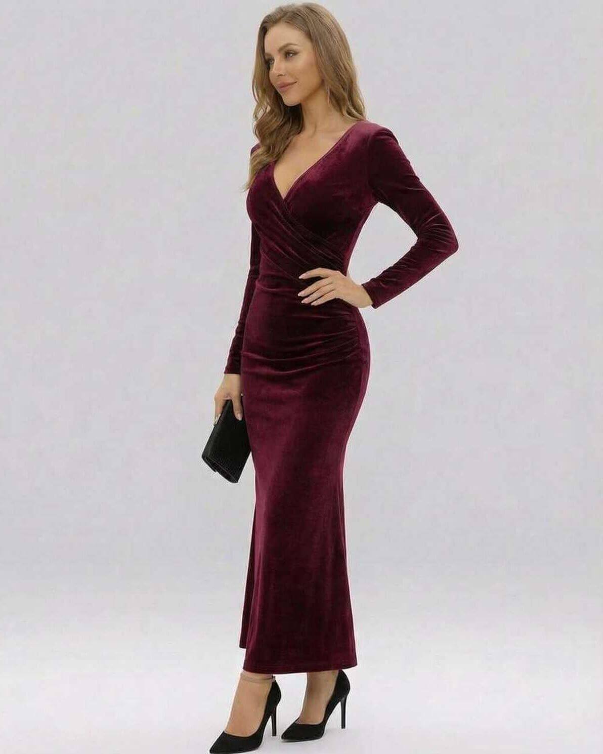 Lauven Celeste Maxi Dress in luxurious burgundy velvet, slim-fit sheath silhouette, ankle-length elegance.
