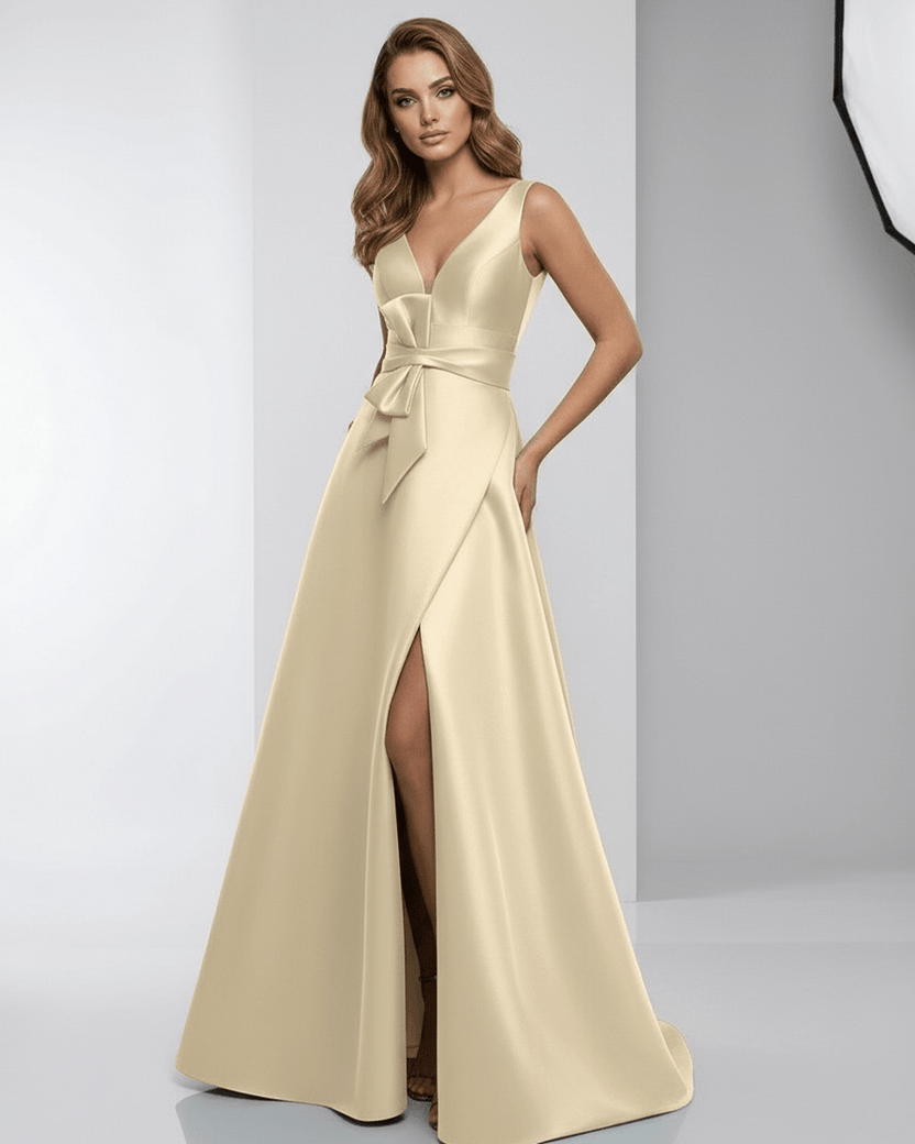 Celeste Maxi Dress - Satin A-Line V-Neck Floor-Length Evening Dress by Lauven, featuring elegant design and refined silhouette.