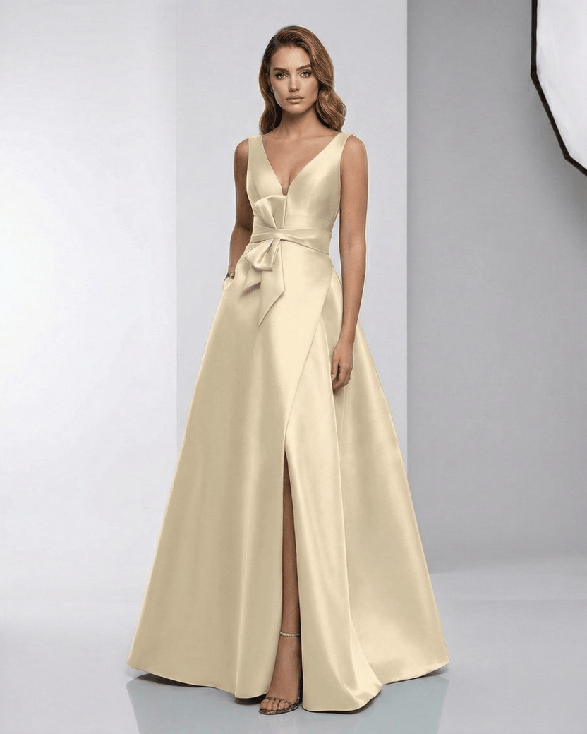 Celeste Maxi Dress showcasing a satin A-line silhouette, deep V-neck, elegant floor-length design by Lauven.