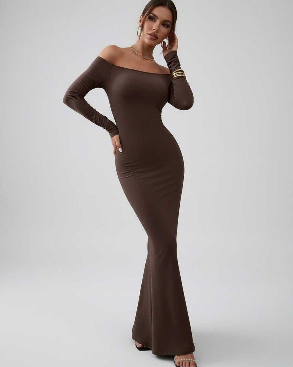 Lauven Celeste Maxi Dress in chocolate brown, elegant off-shoulder fishtail silhouette, refined and sophisticated style.