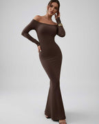 Lauven Celeste Maxi Dress in chocolate brown, elegant off-shoulder fishtail silhouette, refined and sophisticated style.