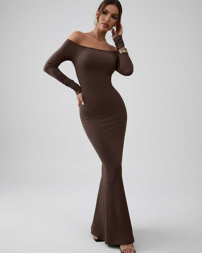 Lauven Celeste Maxi Dress in chocolate brown, elegant off-shoulder fishtail silhouette, refined and sophisticated style.