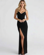Celeste Maxi Dress by Lauven, elegant black maxi dress with high slit and V-neckline, perfect for evening wear.
