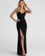 Celeste Maxi Dress by Lauven - Elegant black dress with high slit and V-neckline, perfect for evening wear.