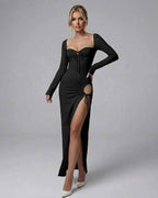 Celeste Maxi Dress by Lauven, elegant black long sleeve dress with high slit and fitted silhouette.