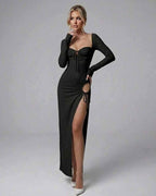 Celeste Maxi Dress by Lauven - Elegant black long sleeve dress with high slit and fitted silhouette.