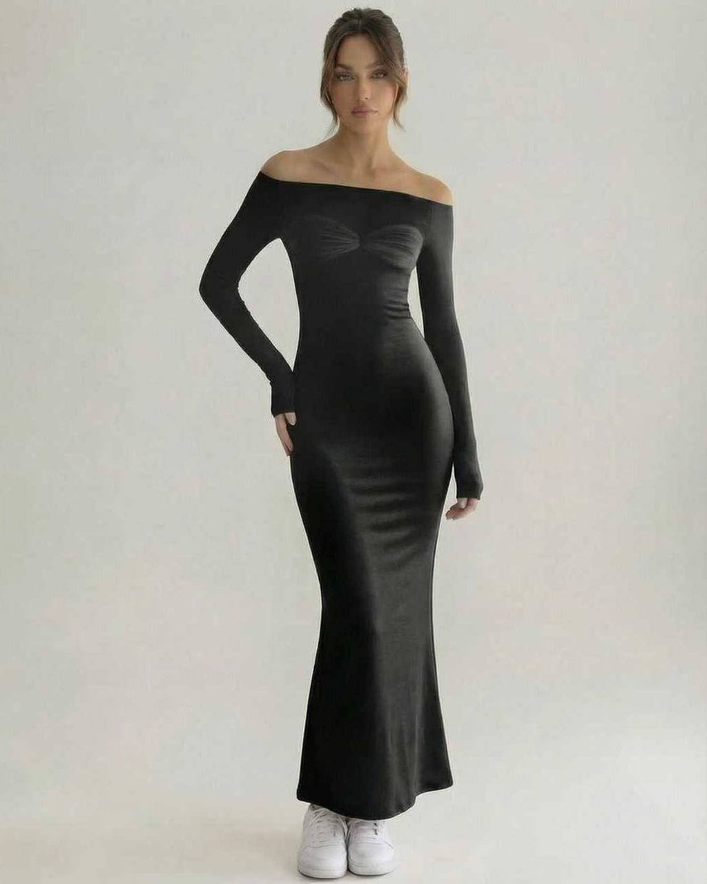 Celeste Maxi Dress in solid black with elegant off-shoulder design, showcasing Lauven brand's modern and timeless style.