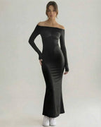 Celeste Maxi Dress in solid black with elegant off-shoulder design, showcasing Lauven brand's modern and timeless style.